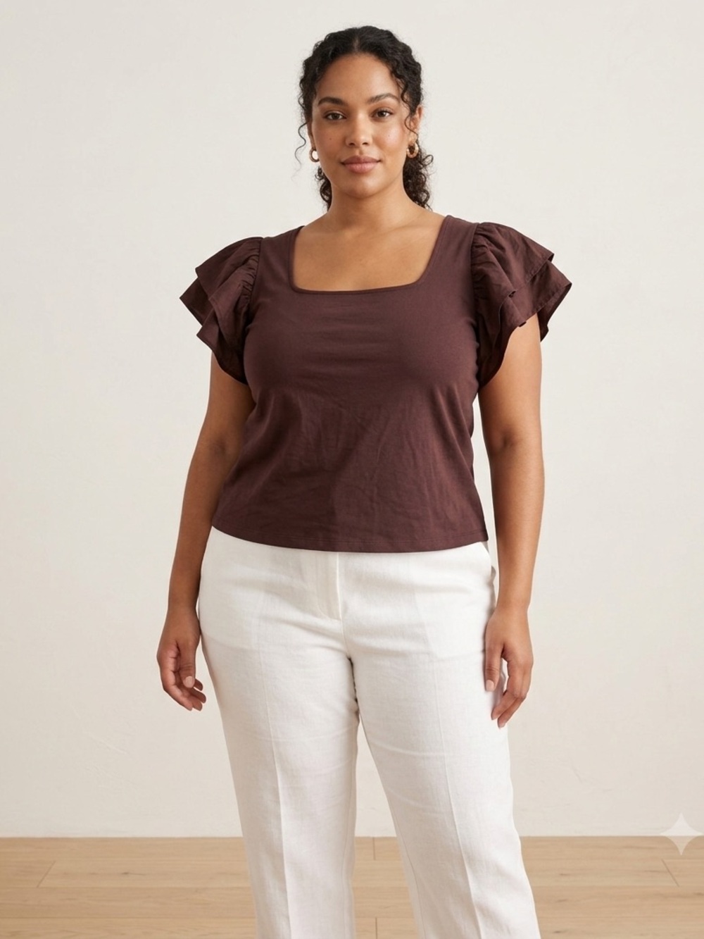 a new day Square Neck Ruffle Sleeve Top - Chocolate